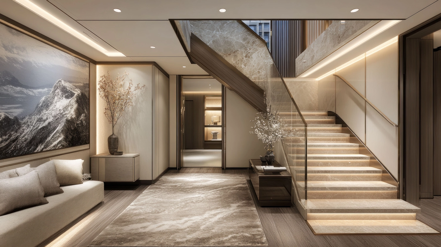 Karello Raumdesign - Innenausbau, Raumdesign und handwerkliche - Ein luxuriöser Flur mit prunkvoller Treppe